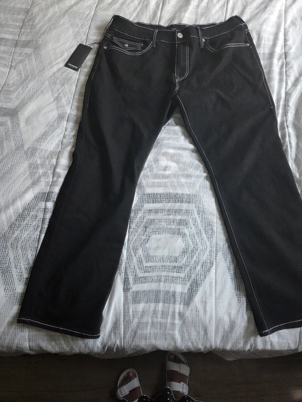 True Religion Black Ricky SN Flap Straight Jeans with White Contrast Stitching